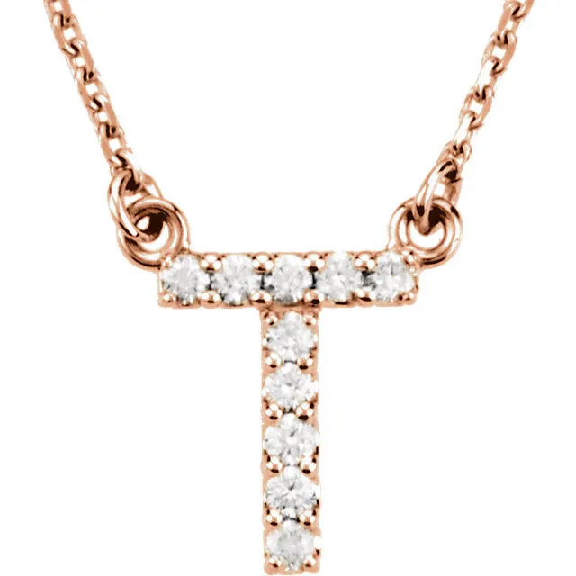 14k Gold 0.08 CTW Diamond Alphabet Initial Letter T Necklace