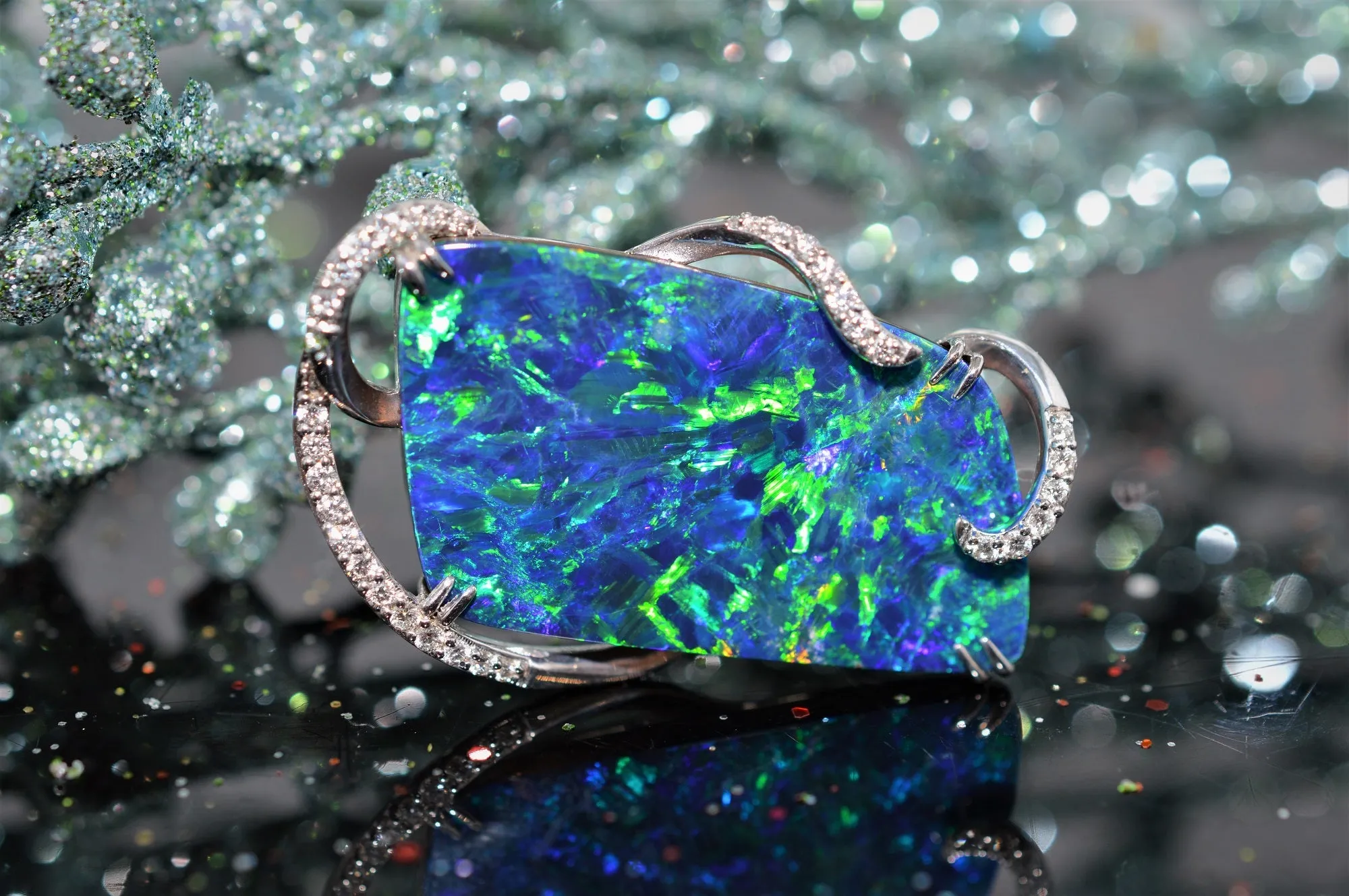 18K Australian Opal Doublet and Diamond Pendant