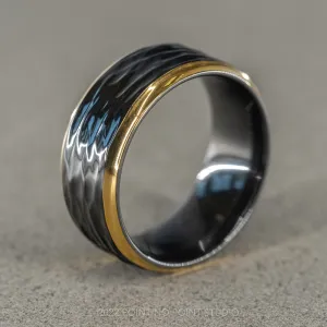 8mm Men's Black Titanium Ring with 18K Yellow Gold Plated Edges, Hammered Finish