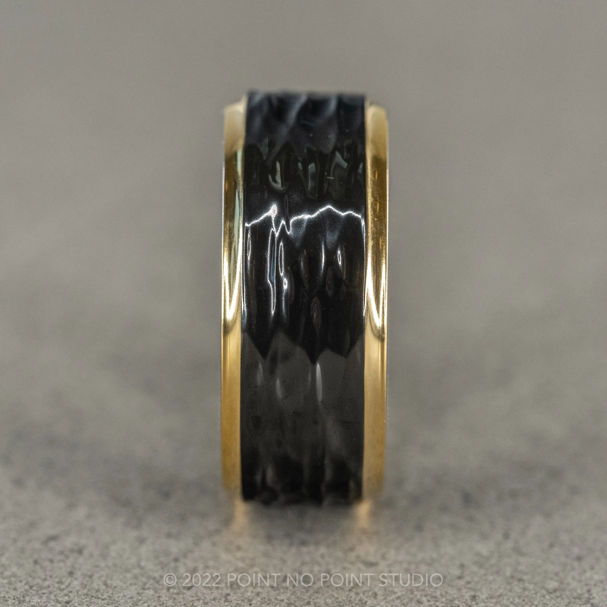 8mm Men's Black Titanium Ring with 18K Yellow Gold Plated Edges, Hammered Finish