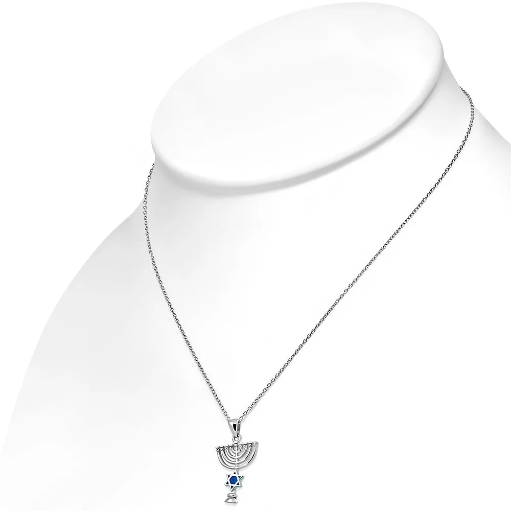 925 Sterling Silver Blue Simulated Opal Jewish Star of David Menorah Pendant Necklace