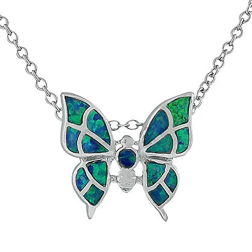 925 Sterling Silver Pink Simulated Opal Butterfly Womens Pendant Necklace with Chain