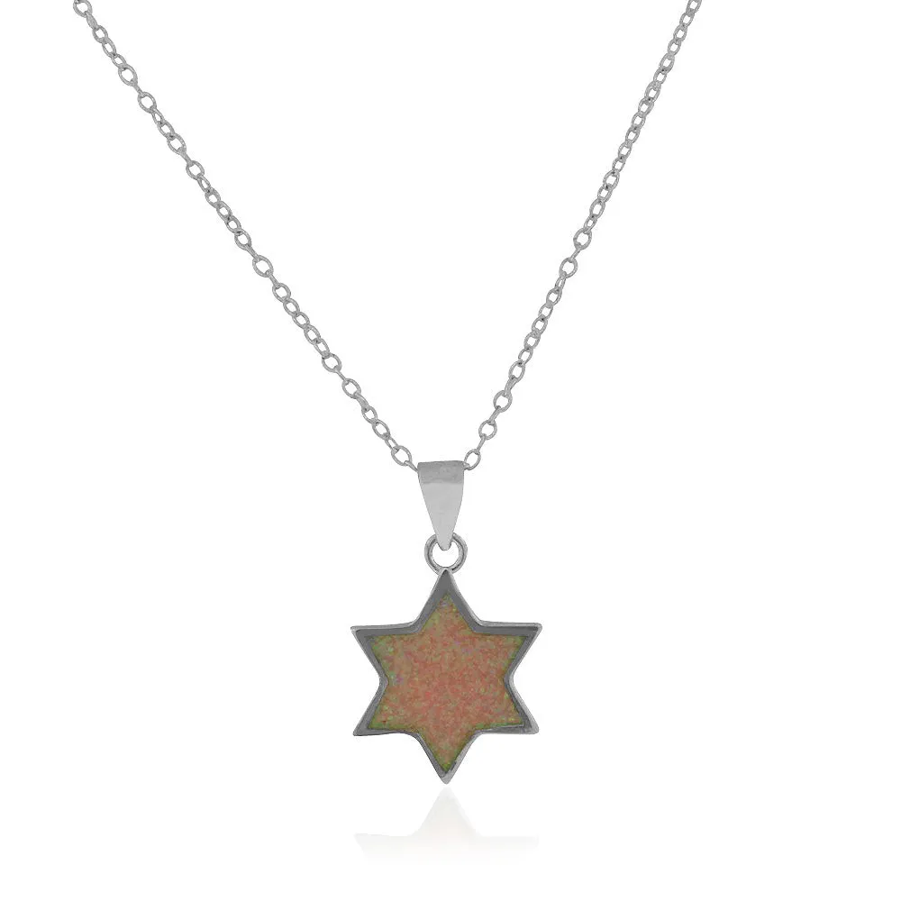925 Sterling Silver Pink Simulated Opal Jewish Star of David Pendant Necklace