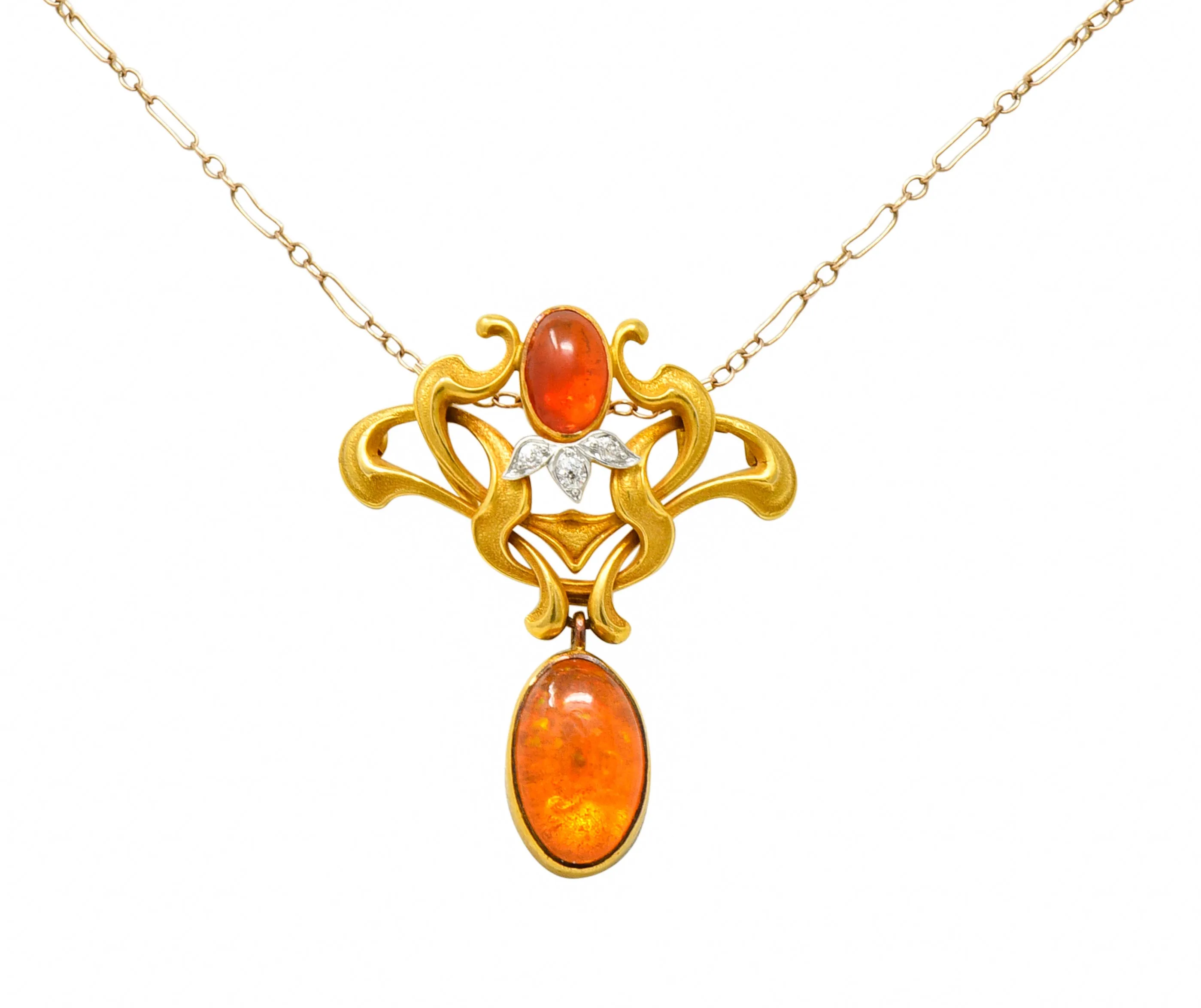 Art Nouveau Mexican Fire Opal Diamond 14 Karat Gold Whiplash Pendant Necklace