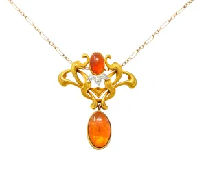 Art Nouveau Mexican Fire Opal Diamond 14 Karat Gold Whiplash Pendant Necklace