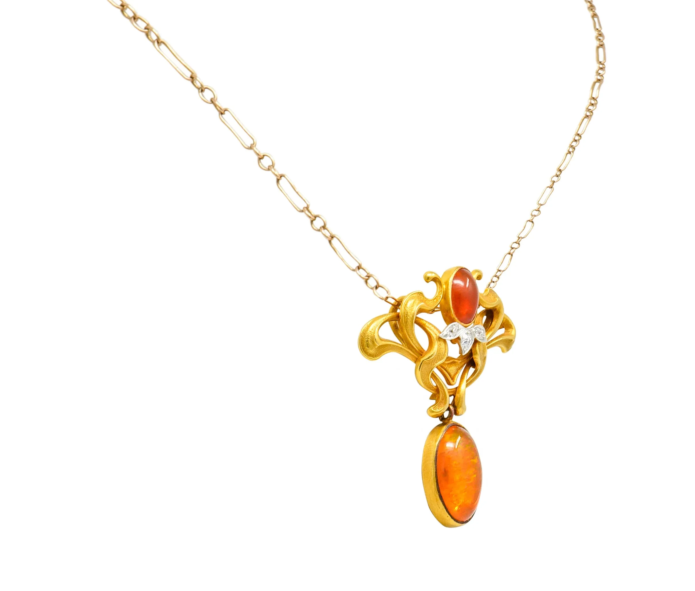 Art Nouveau Mexican Fire Opal Diamond 14 Karat Gold Whiplash Pendant Necklace