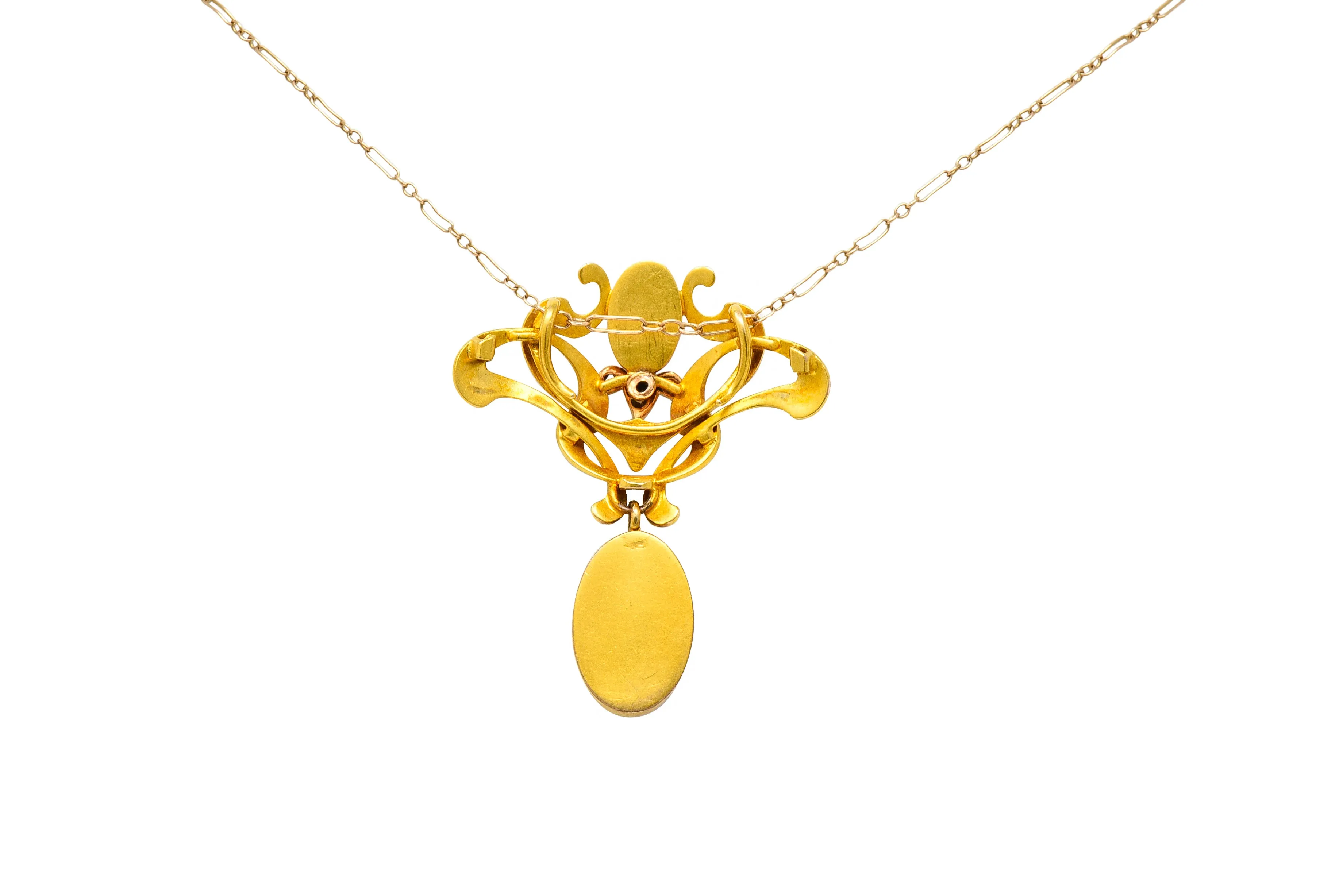 Art Nouveau Mexican Fire Opal Diamond 14 Karat Gold Whiplash Pendant Necklace