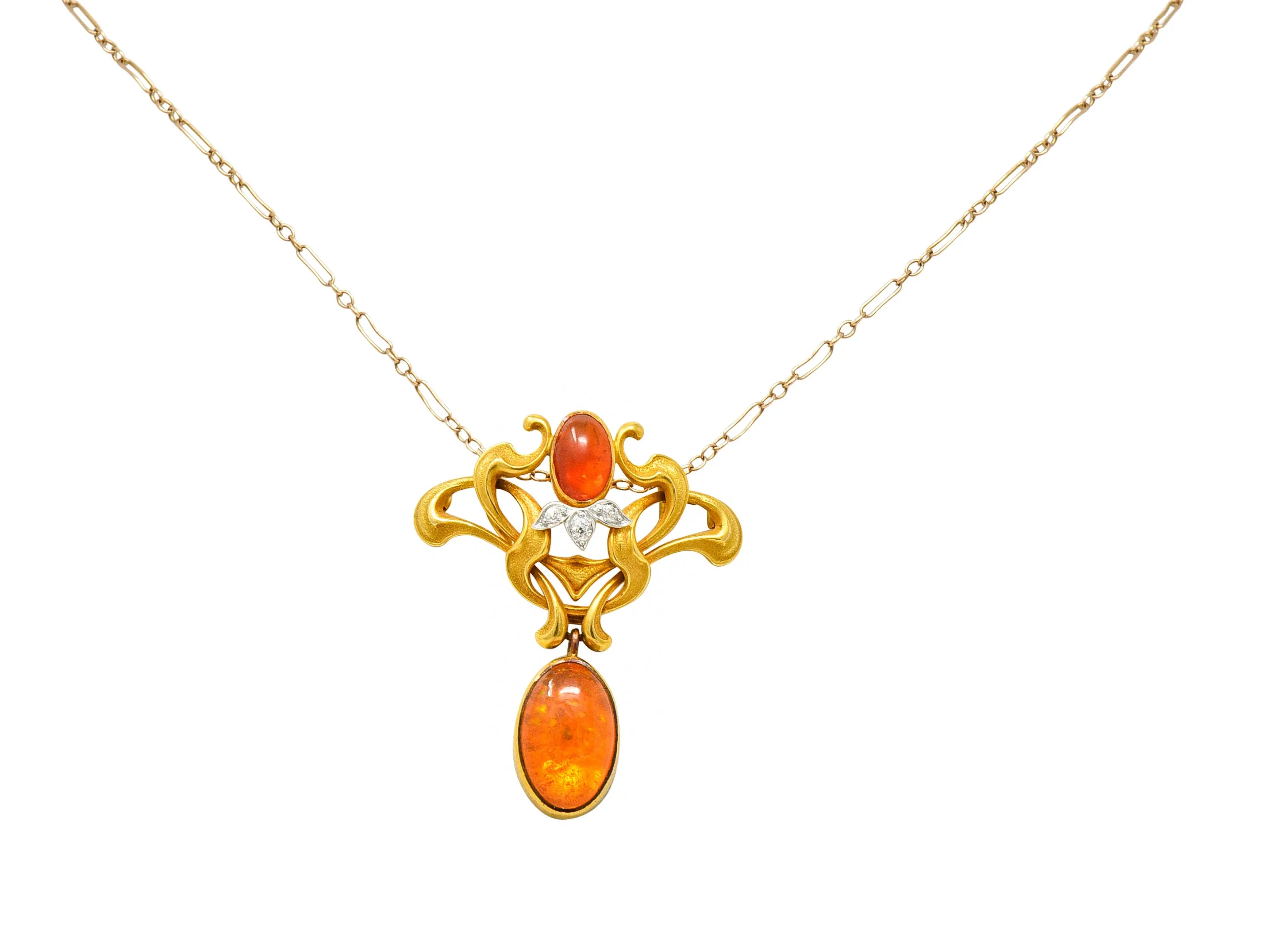 Art Nouveau Mexican Fire Opal Diamond 14 Karat Gold Whiplash Pendant Necklace