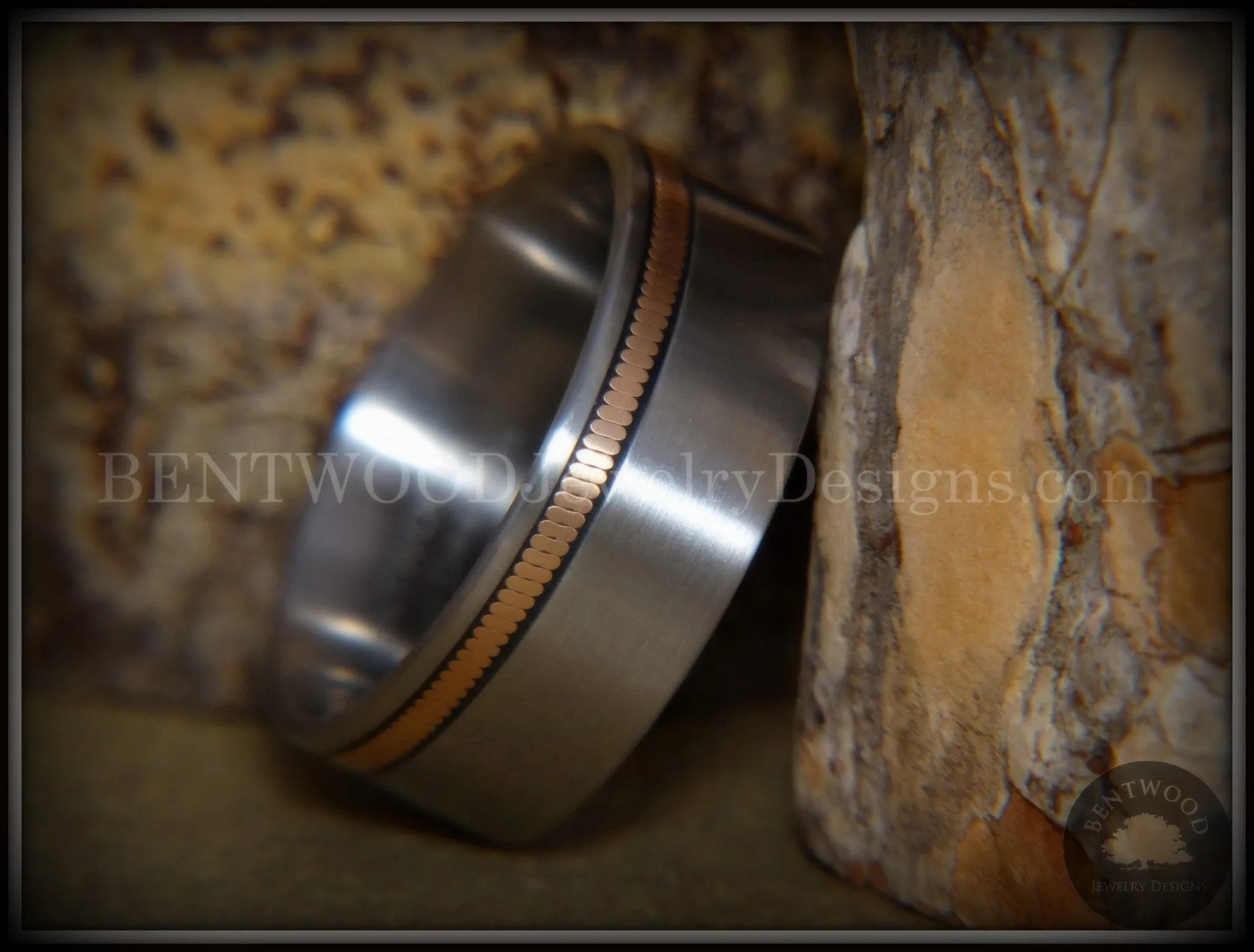 Bentwood Ring - Bronze Guitar String Offset Inlay on Surgical Grade Hypo-Allergenic Stainless Steel Core