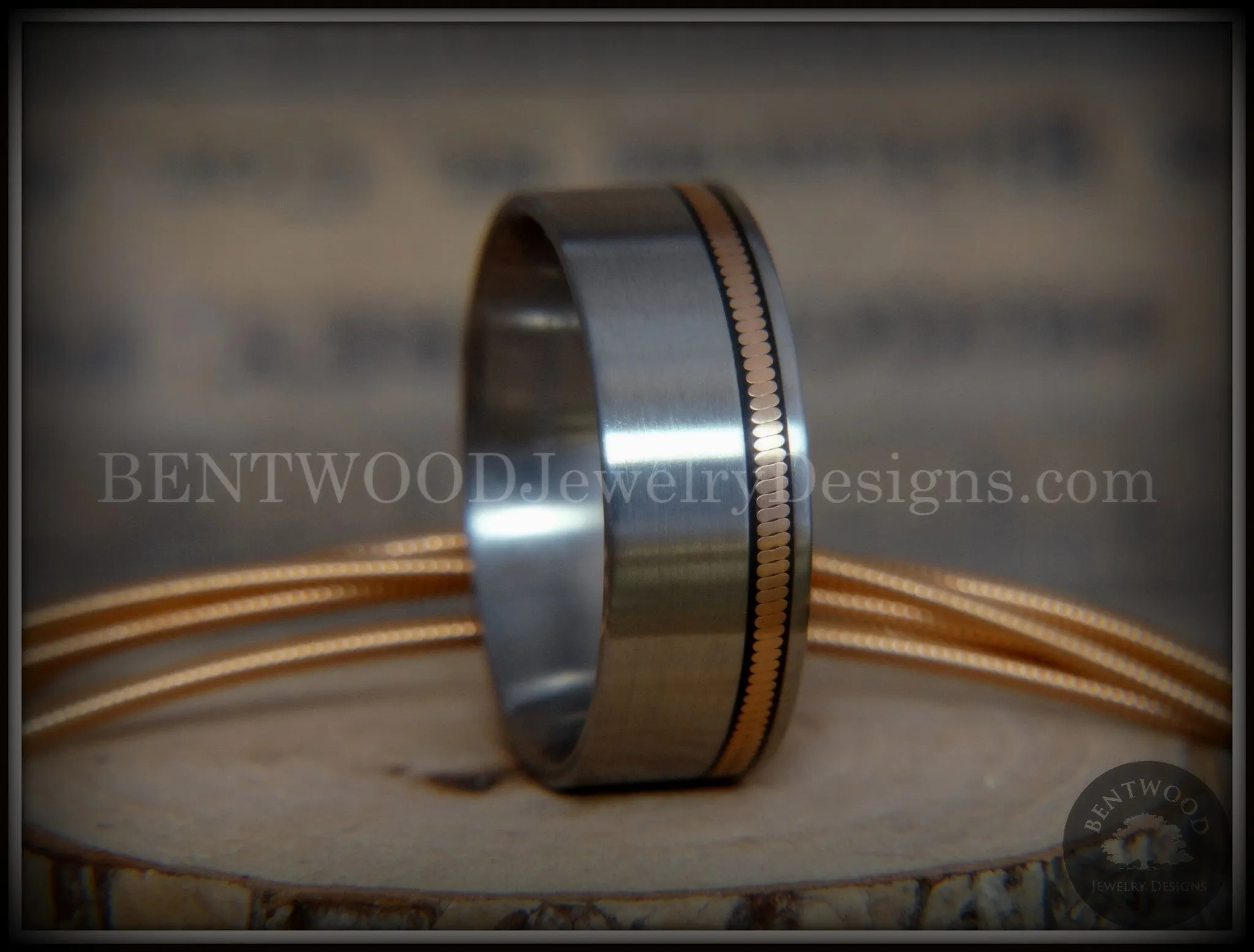 Bentwood Ring - Bronze Guitar String Offset Inlay on Surgical Grade Hypo-Allergenic Stainless Steel Core