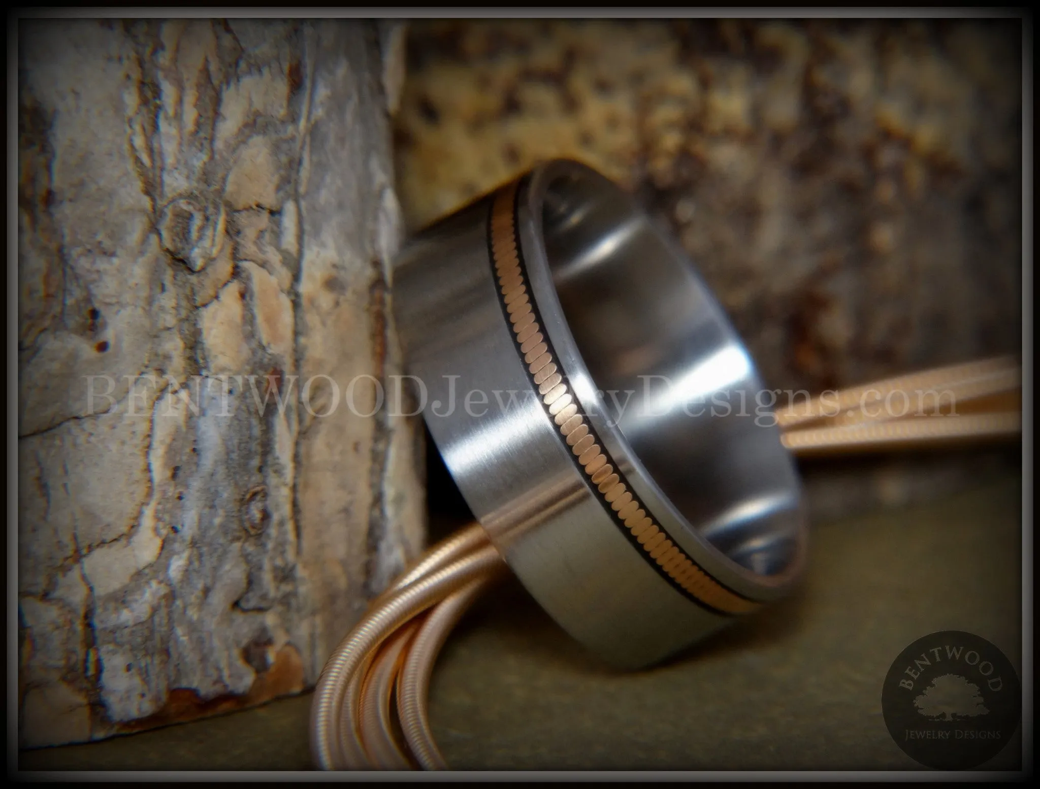 Bentwood Ring - Bronze Guitar String Offset Inlay on Surgical Grade Hypo-Allergenic Stainless Steel Core