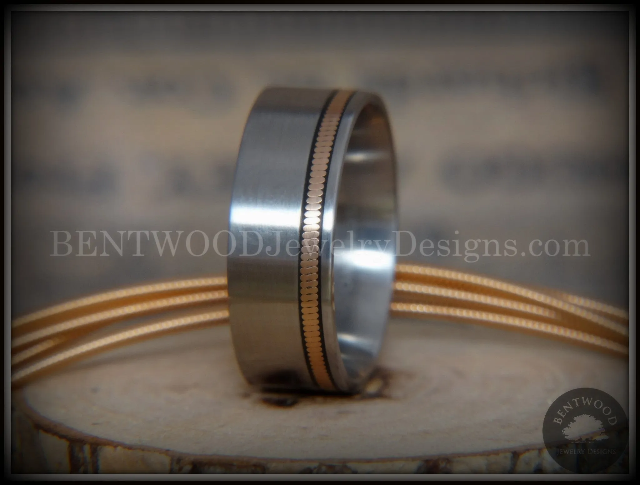 Bentwood Ring - Bronze Guitar String Offset Inlay on Surgical Grade Hypo-Allergenic Stainless Steel Core