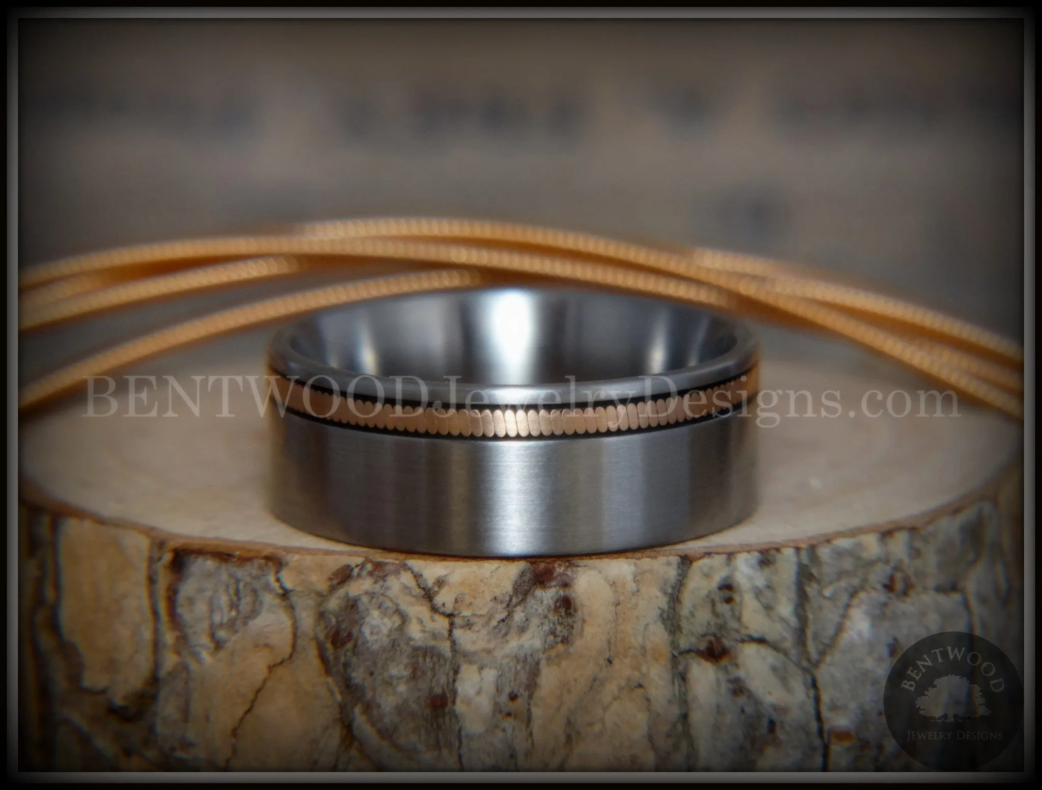 Bentwood Ring - Bronze Guitar String Offset Inlay on Surgical Grade Hypo-Allergenic Stainless Steel Core