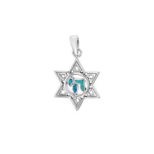 Blue Opal Chai Star of David Pendant (SIlver)