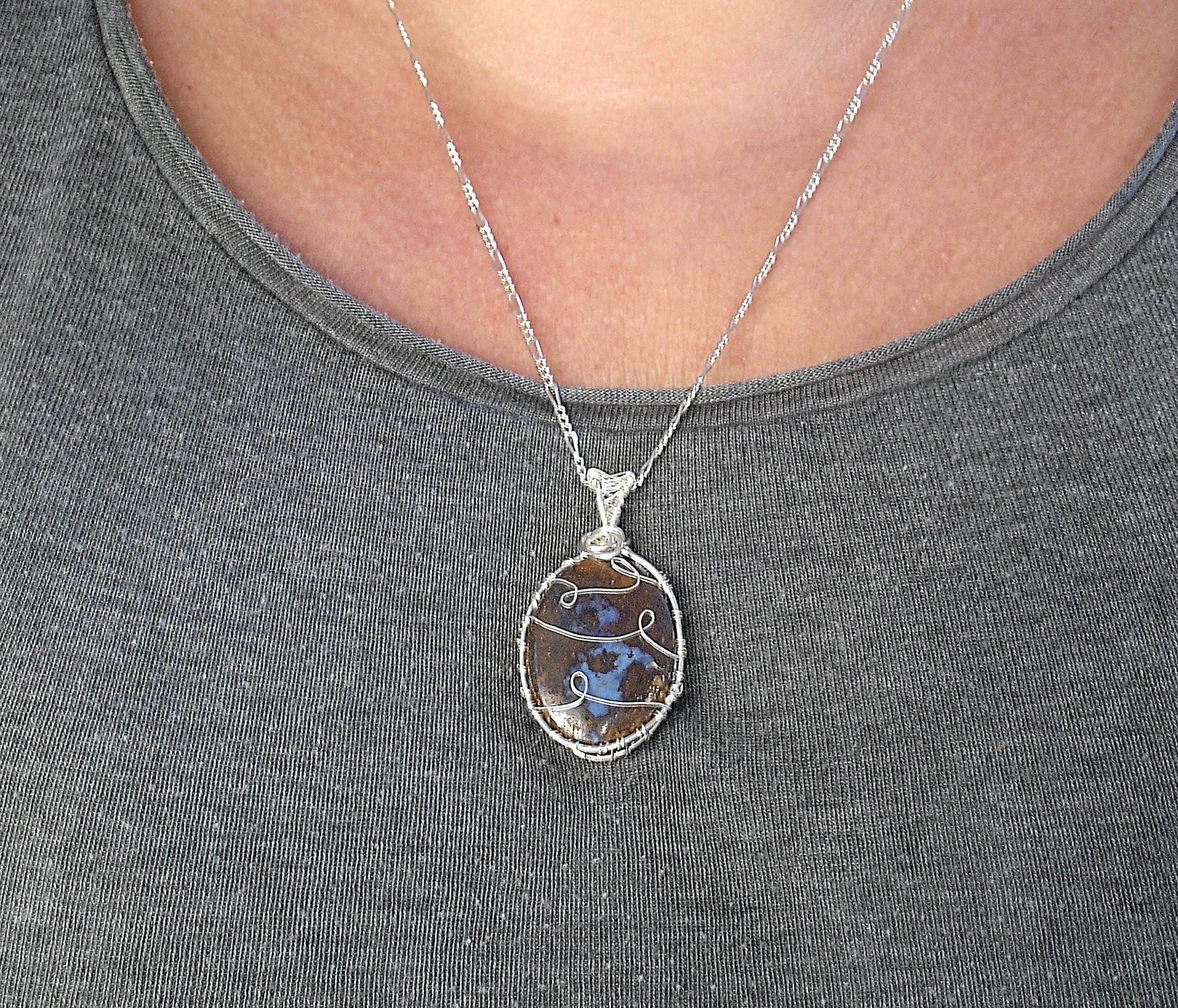 Boulder opal necklace. Boulder opal pendant. Silver necklace for women. Opal jewelry. Raw opal necklace