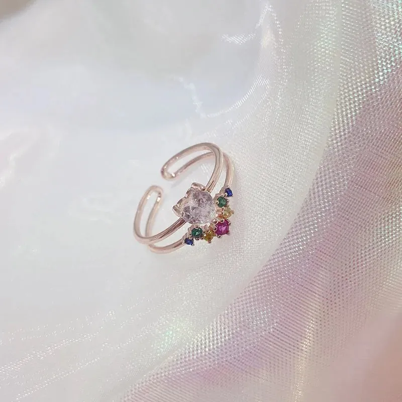 Delicate Zircon Heart Moon Adjustable Ring: Fashionable Korean Style Jewelry for Women