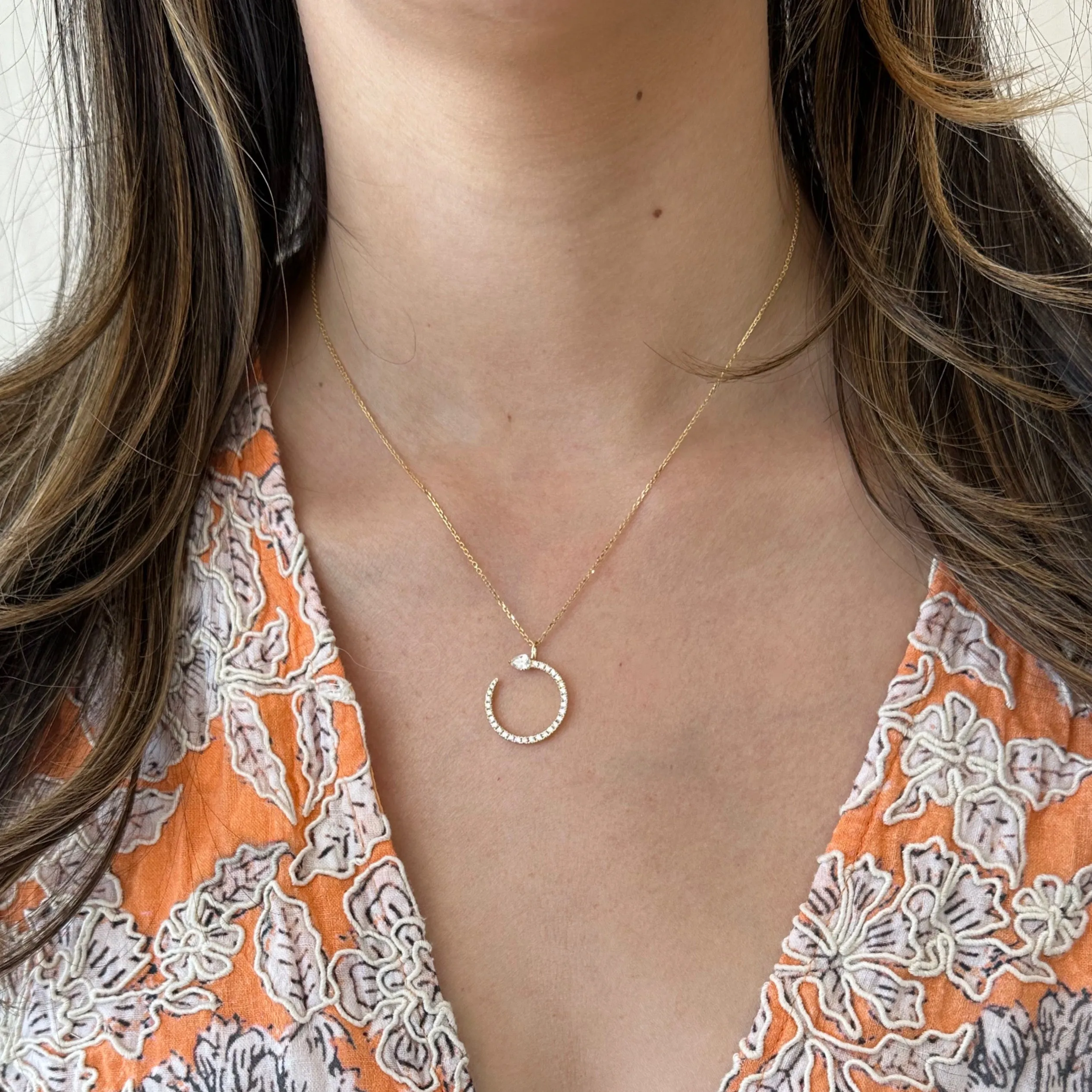 Diamond Open Circle Pendant Necklace with Pear-Shaped Diamond
