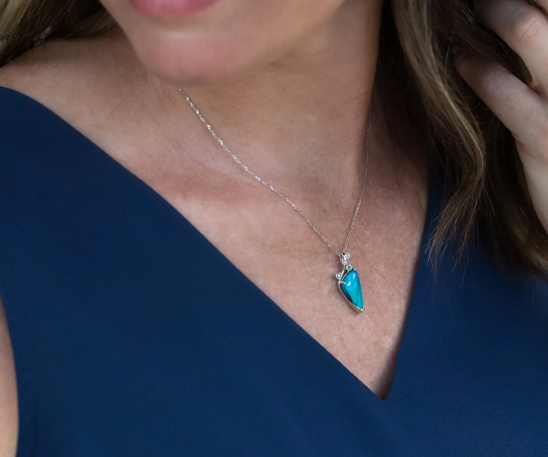 Freeform Teal Blue Diamond Opal Necklace