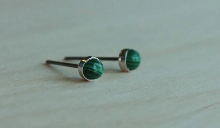 Malachite Bezel Gemstones, Small (Niobium or Titanium Posts for Sensitive Ears)