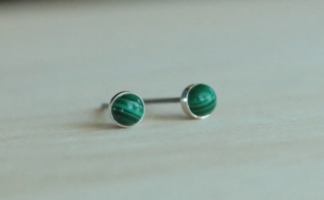 Malachite Bezel Gemstones, Small (Niobium or Titanium Posts for Sensitive Ears)