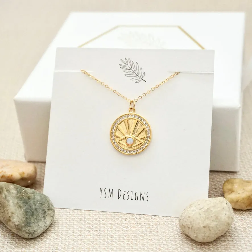 Opal Sun Burst Coin Necklace