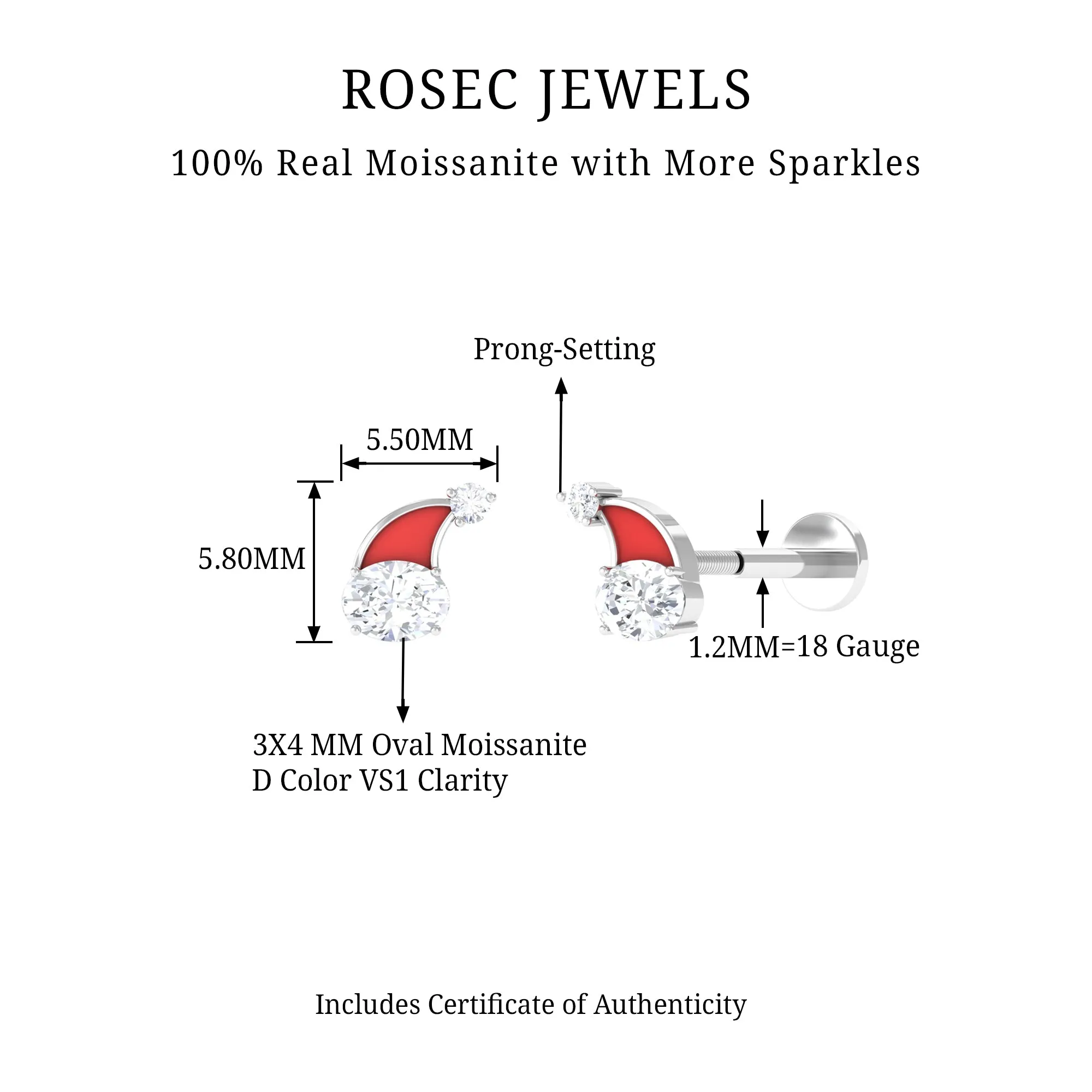Oval Moissanite Red Enamel Santa Hat Cartilage Earring
