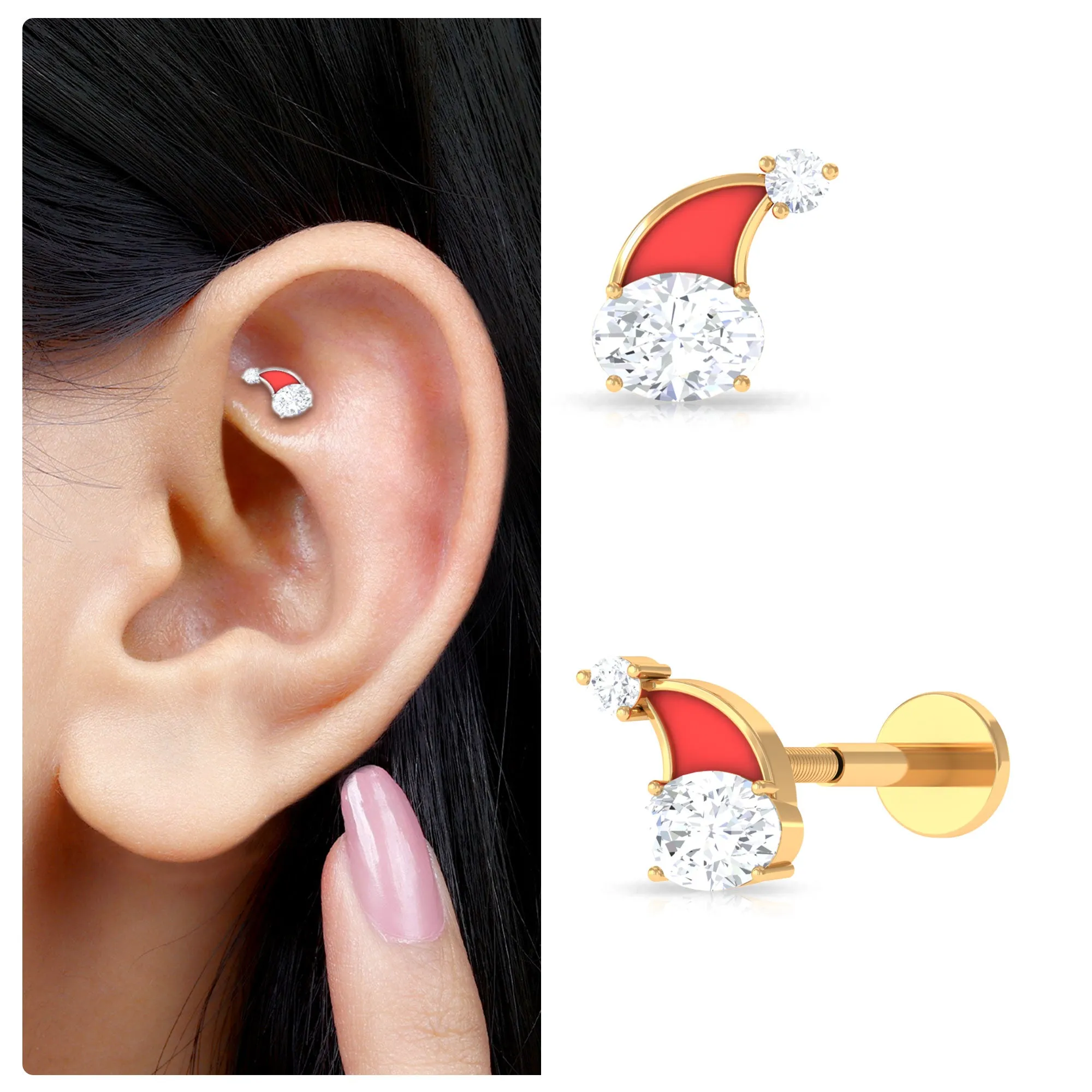 Oval Moissanite Red Enamel Santa Hat Cartilage Earring