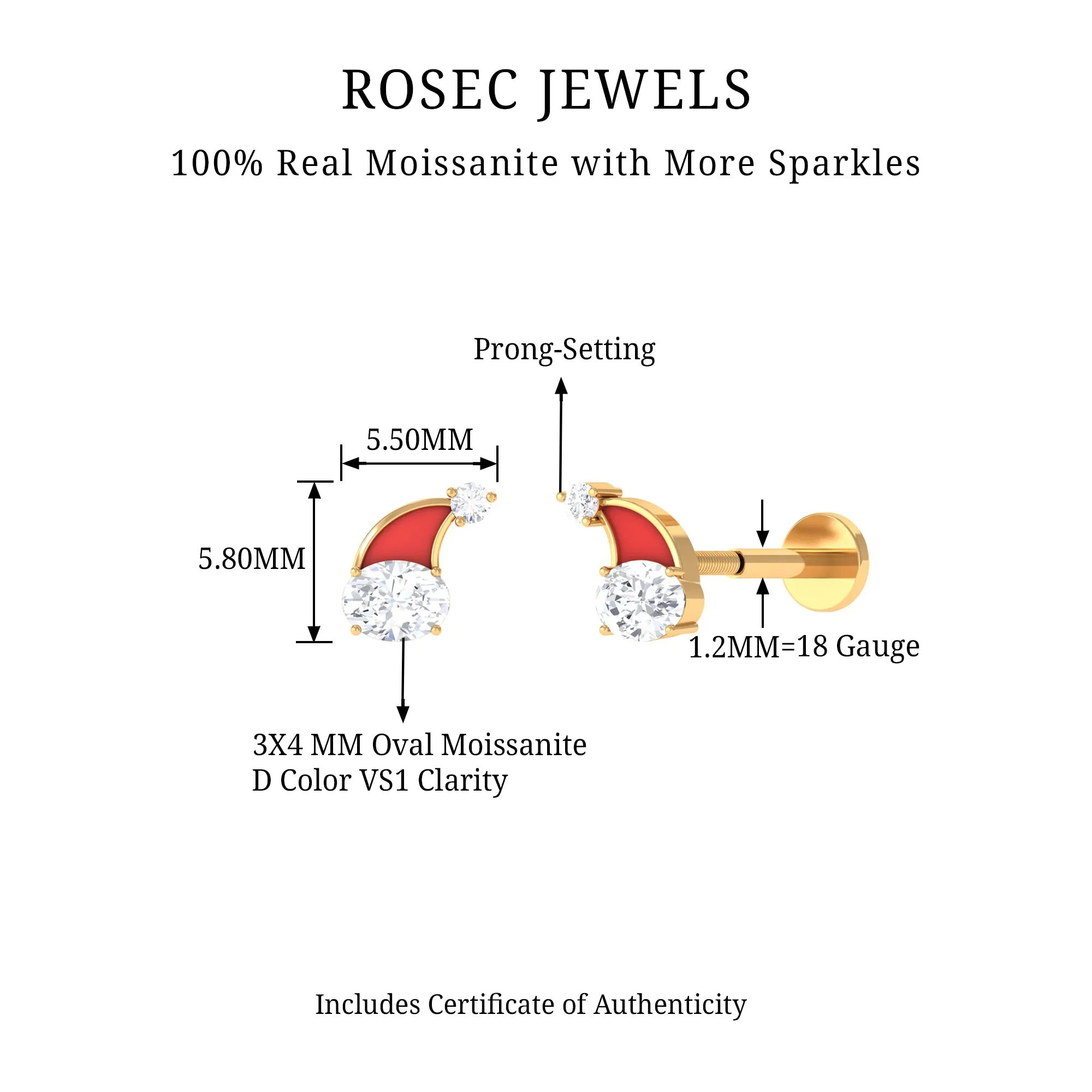 Oval Moissanite Red Enamel Santa Hat Cartilage Earring