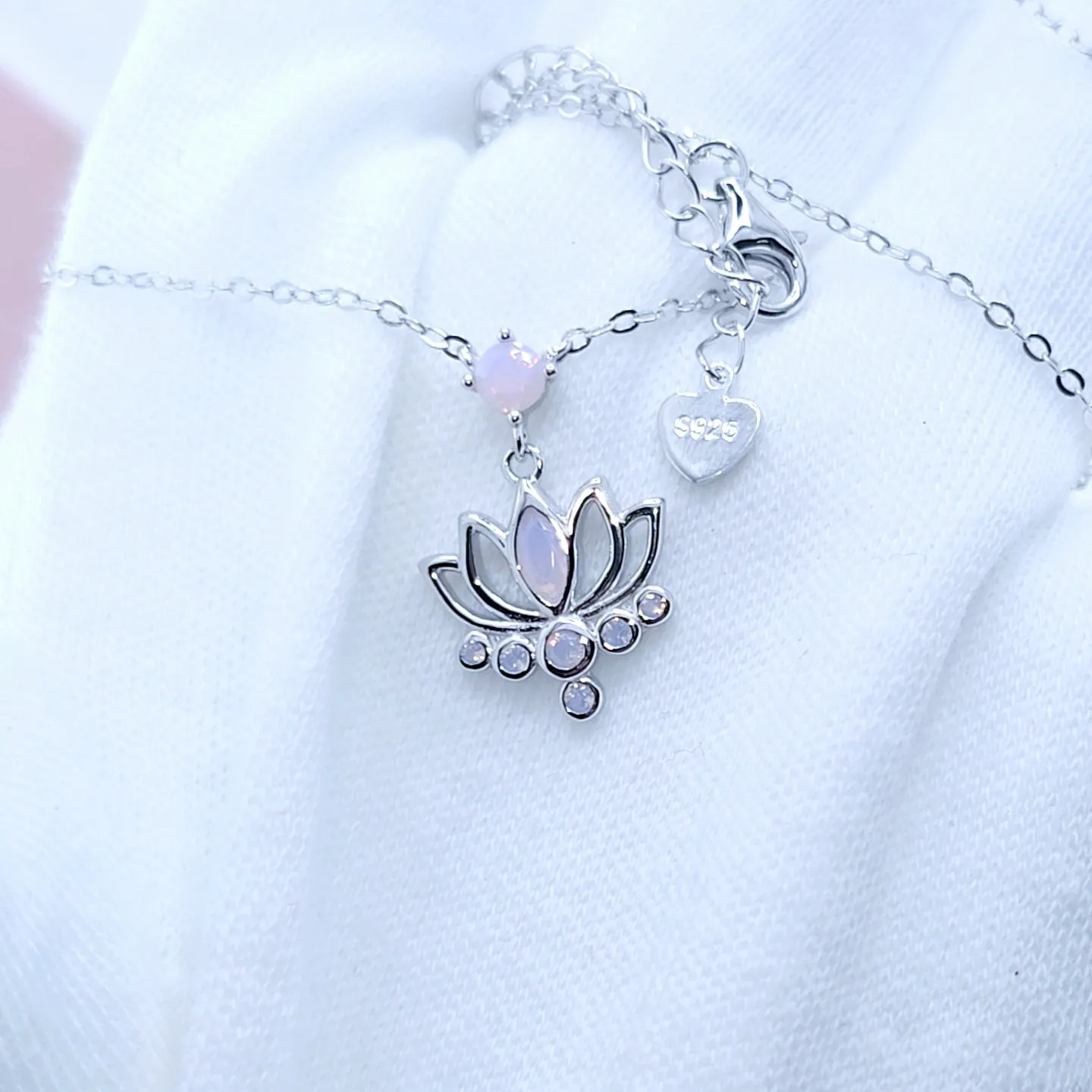 Pink Opal Lotus Flower Pendant Necklace