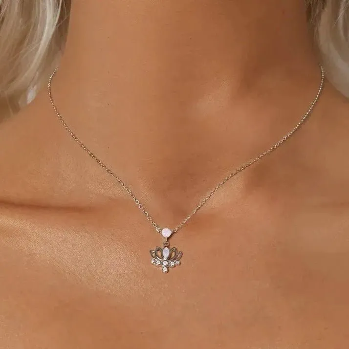 Pink Opal Lotus Flower Pendant Necklace