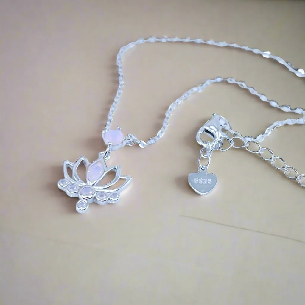 Pink Opal Lotus Flower Pendant Necklace