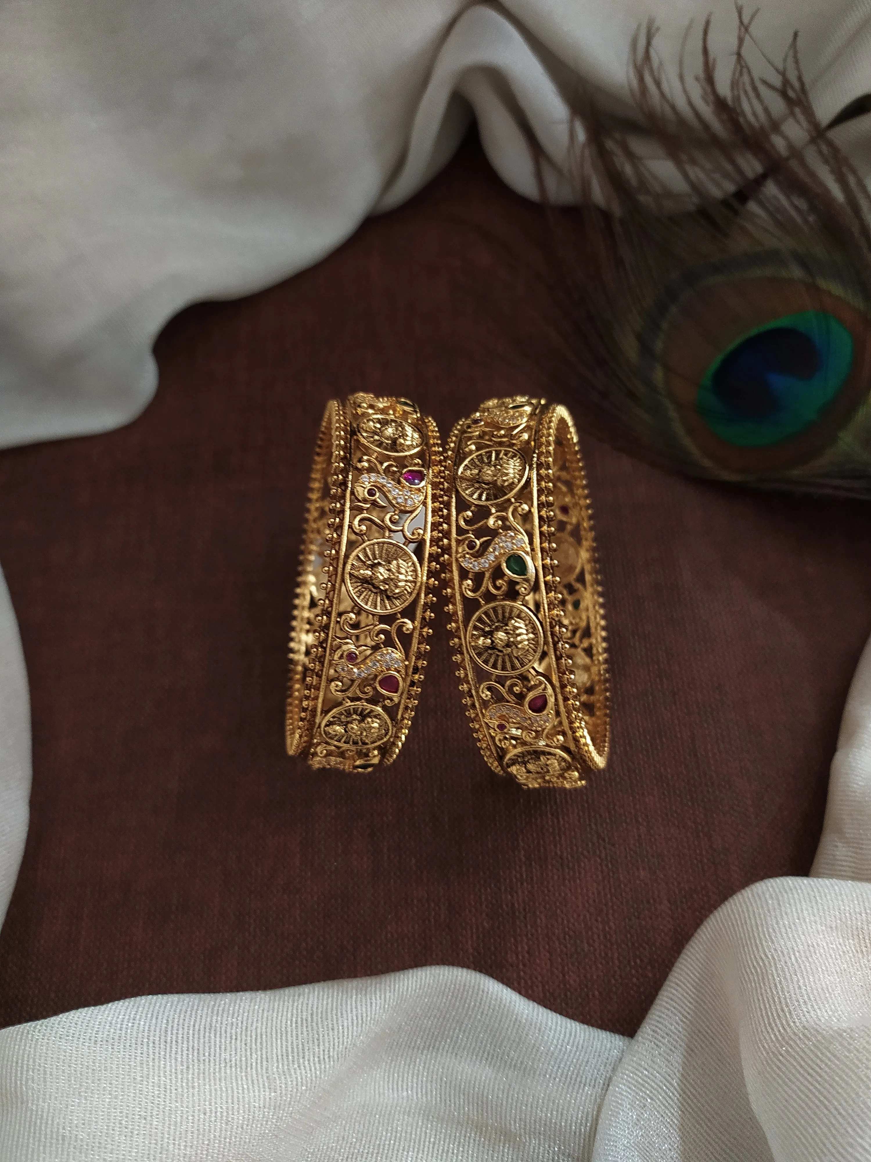 "Antique Gold Look Lakshmi Bangles with Peacock and Zircon Stones - All Standard Sizes Available"