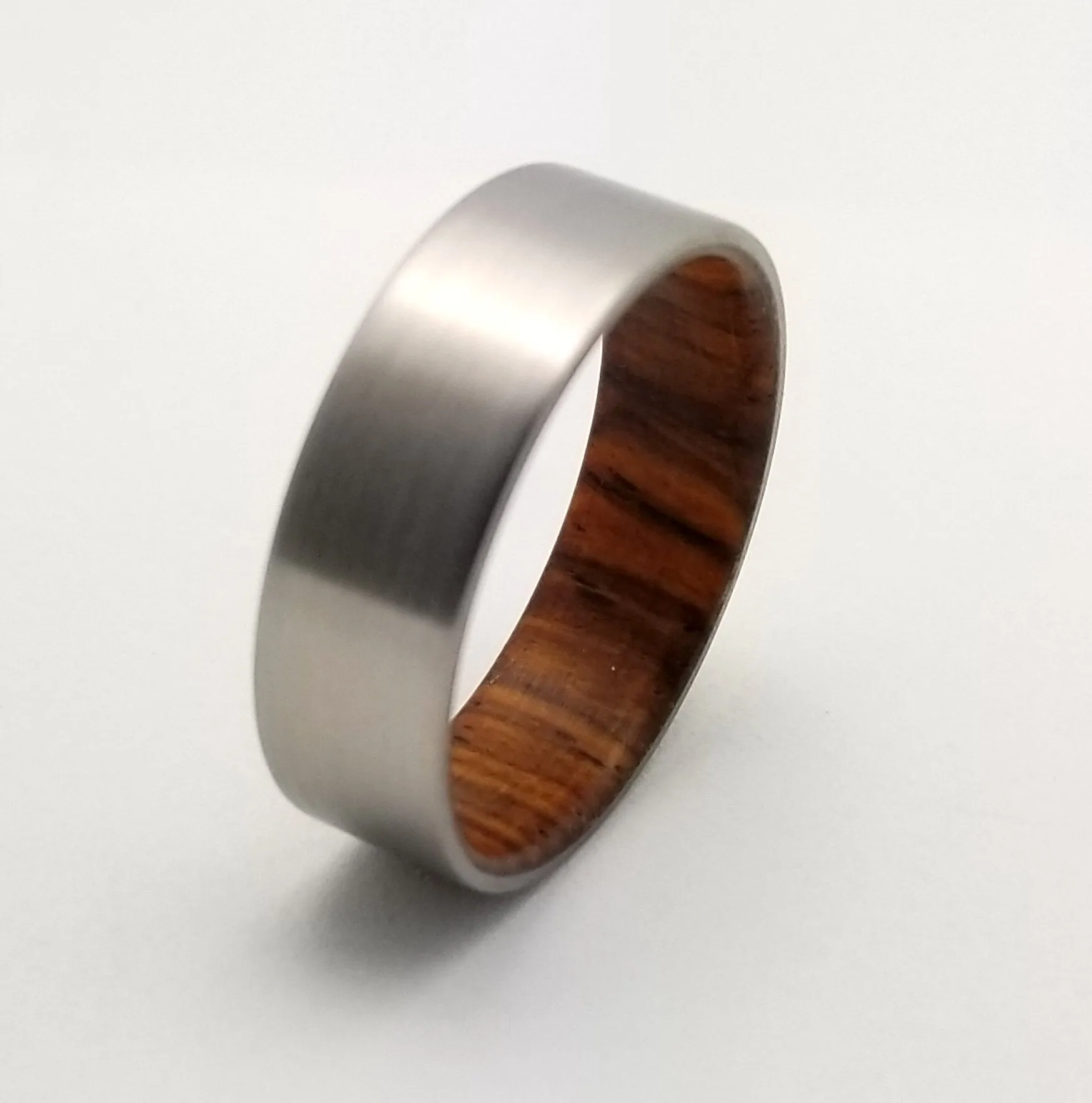 "The Elbert" Cocobolo wooden wedding band with satin titanium
