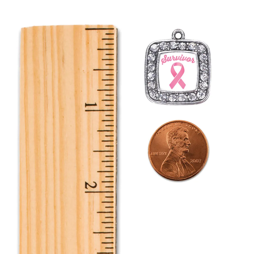 Silver Pink Ribbon Survivor Square Charm Toggle Bracelet
