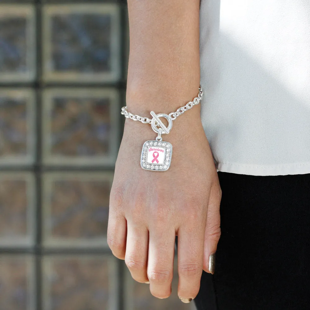 Silver Pink Ribbon Survivor Square Charm Toggle Bracelet