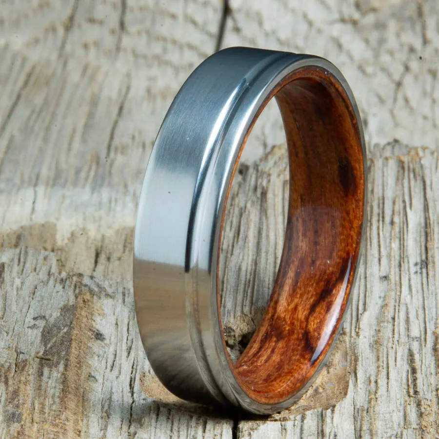 Single groove satin titanium wood ring with Bubinga