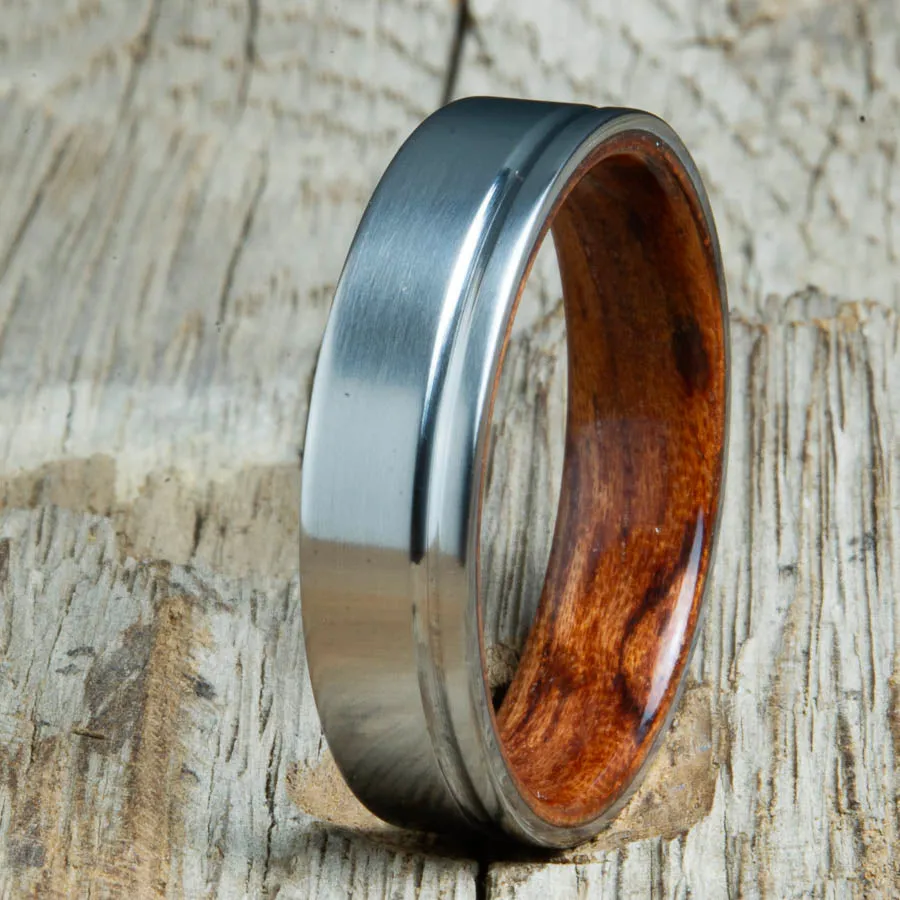 Single groove satin titanium wood ring with Bubinga