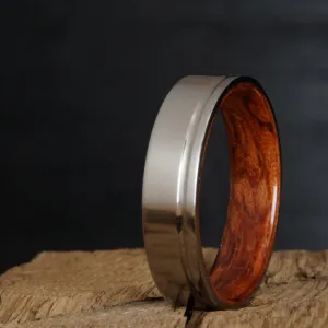 Single groove satin titanium wood ring with Bubinga