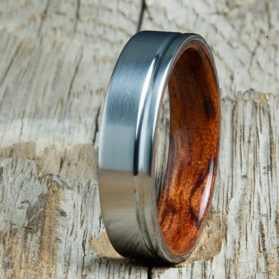Single groove satin titanium wood ring with Bubinga