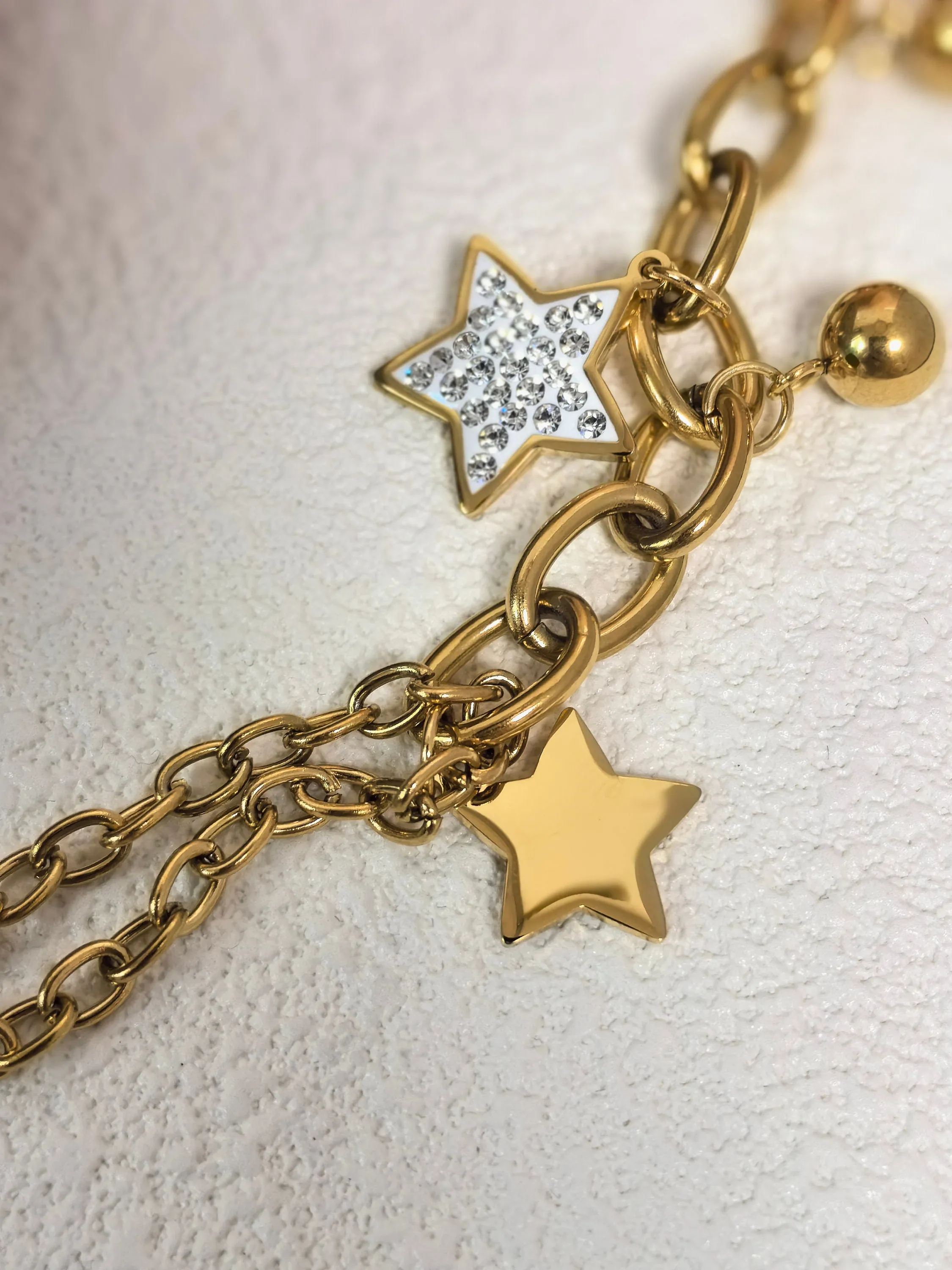 Stainless Steel Goldtone Rhinestone Star Charm Chunky Link Chain Bracelet