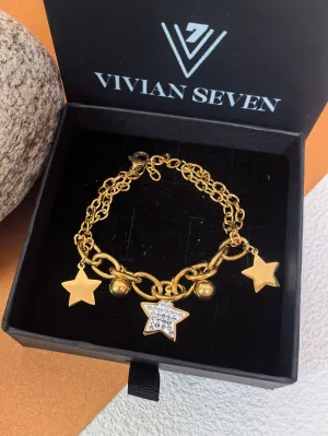 Stainless Steel Goldtone Rhinestone Star Charm Chunky Link Chain Bracelet