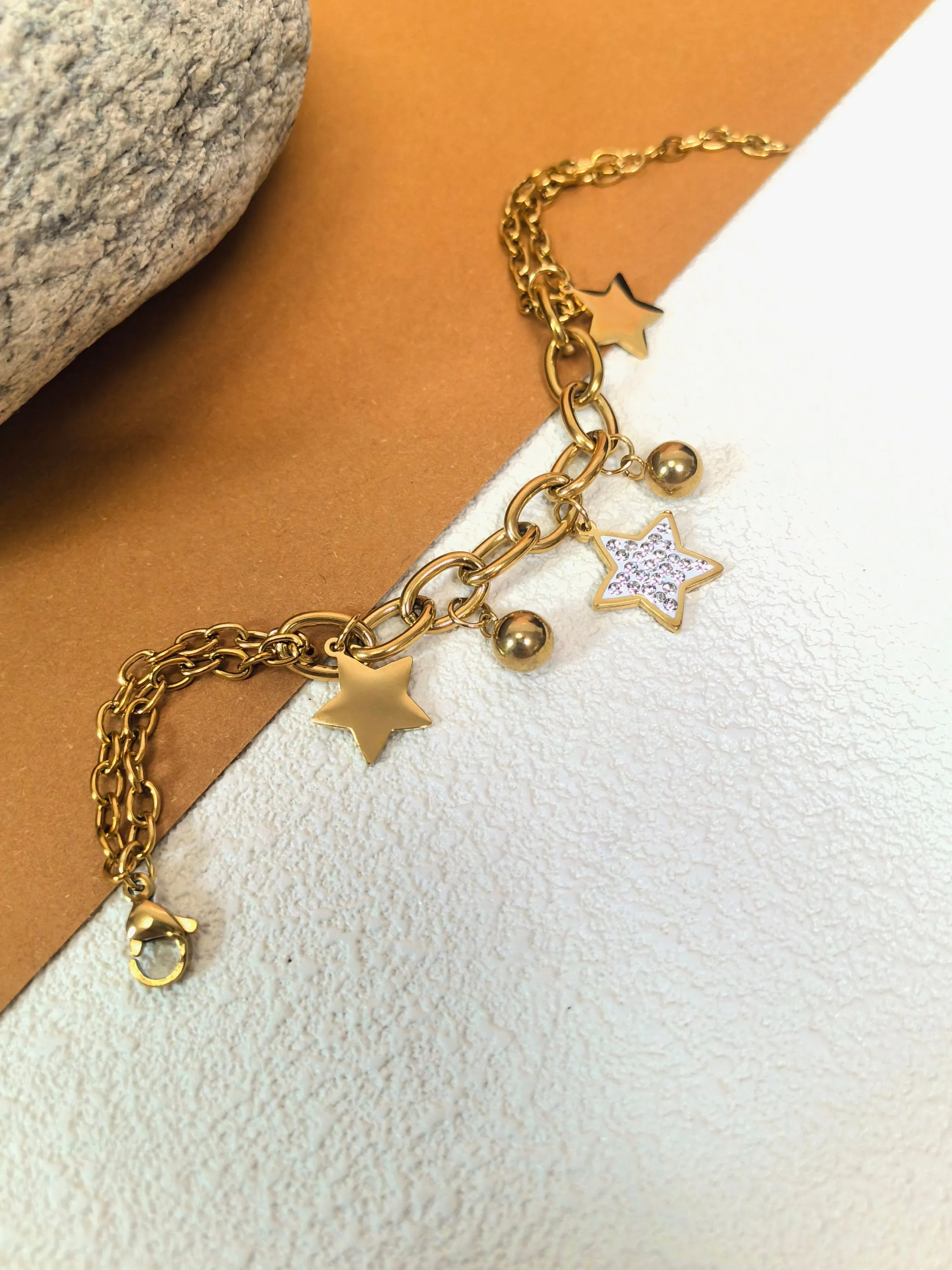 Stainless Steel Goldtone Rhinestone Star Charm Chunky Link Chain Bracelet