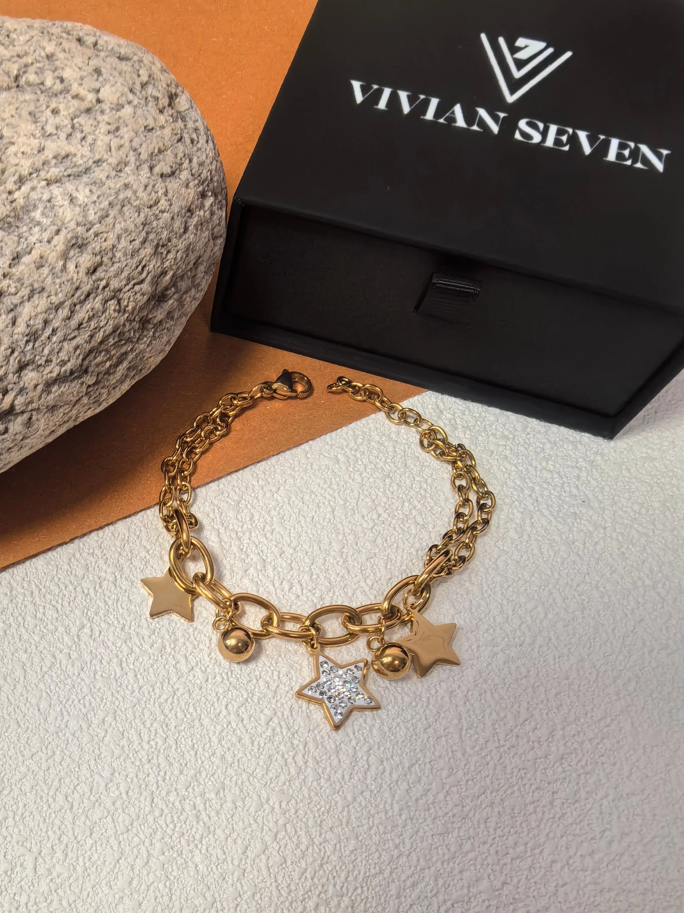 Stainless Steel Goldtone Rhinestone Star Charm Chunky Link Chain Bracelet