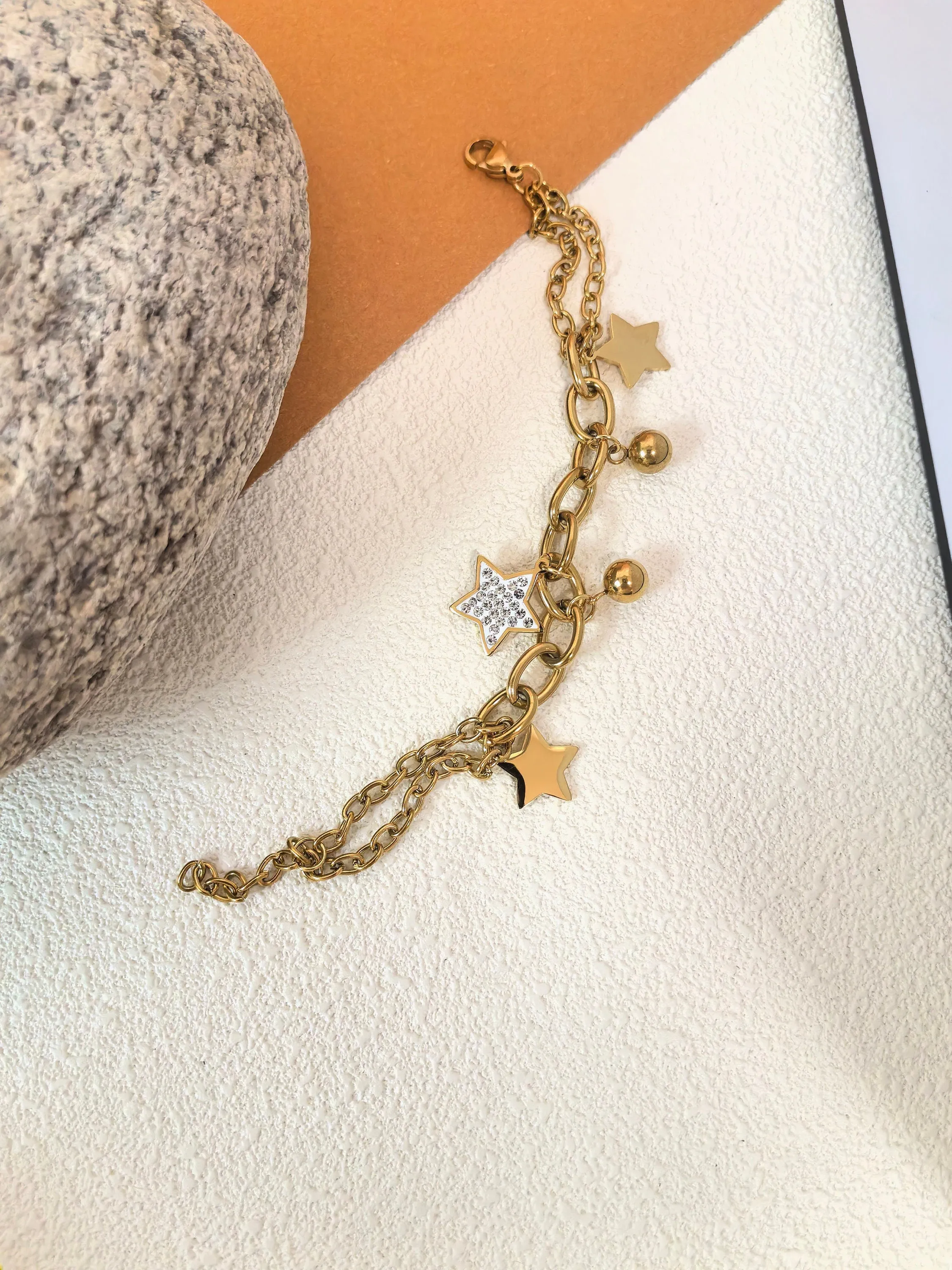 Stainless Steel Goldtone Rhinestone Star Charm Chunky Link Chain Bracelet