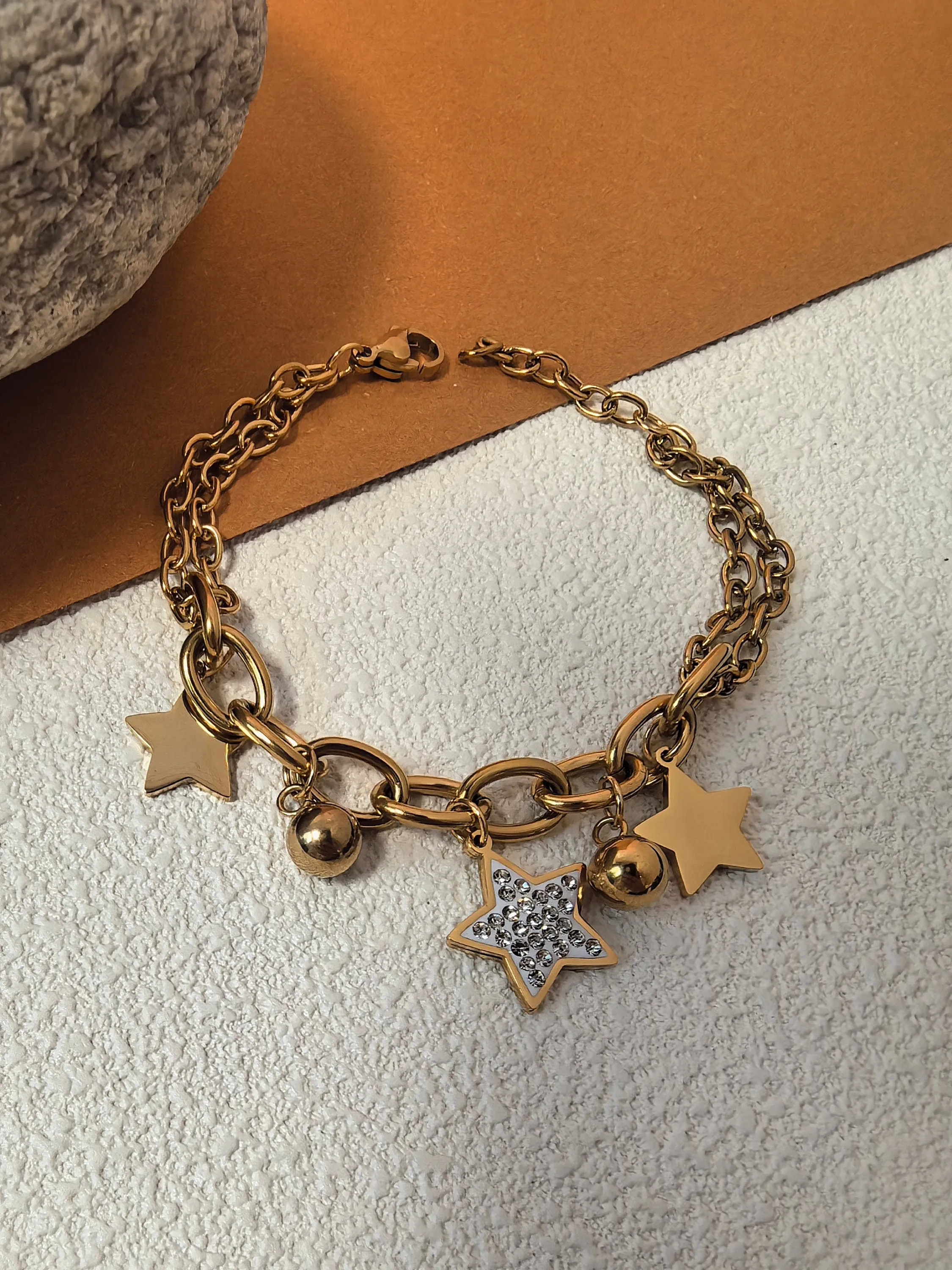 Stainless Steel Goldtone Rhinestone Star Charm Chunky Link Chain Bracelet