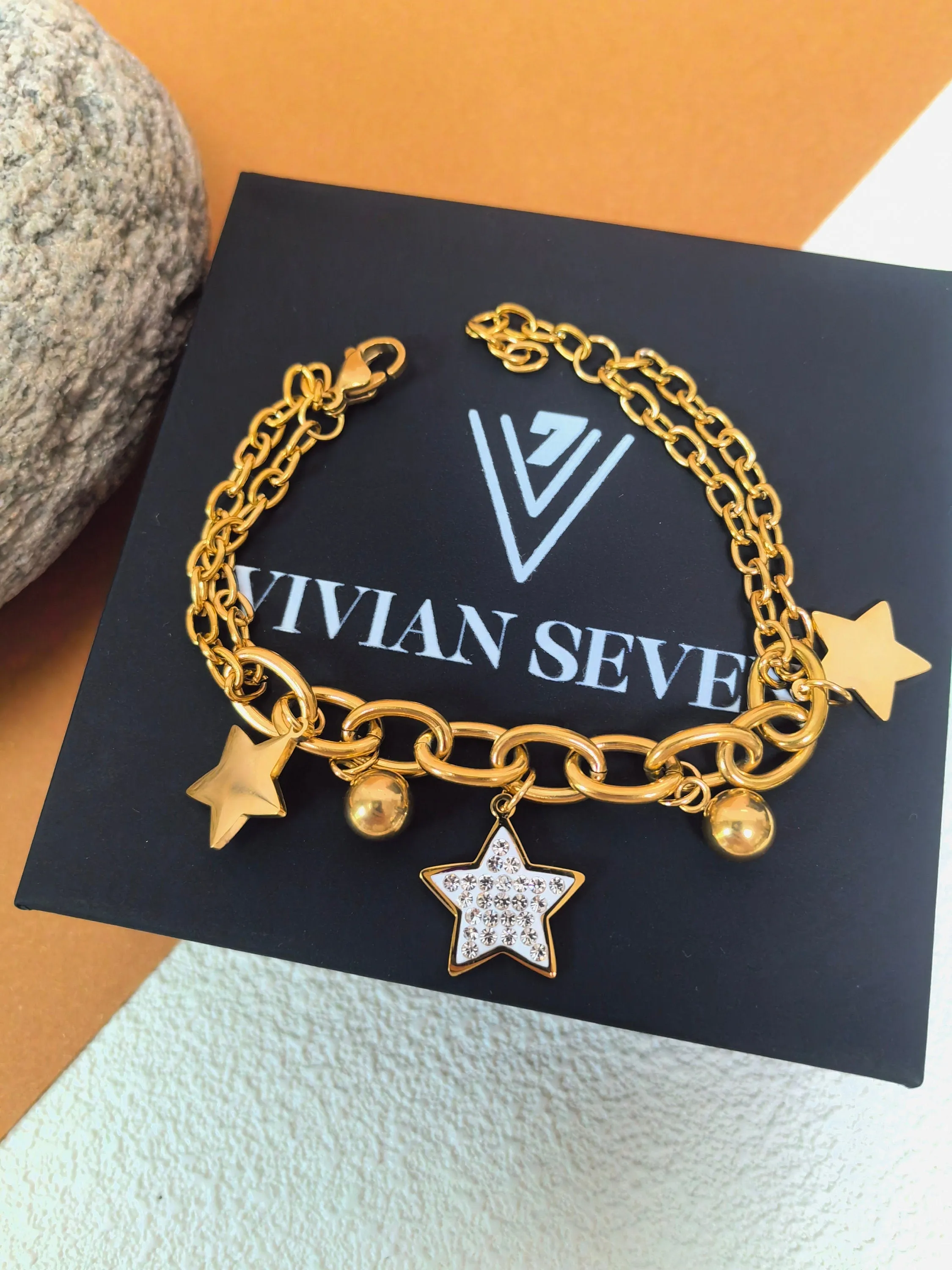 Stainless Steel Goldtone Rhinestone Star Charm Chunky Link Chain Bracelet