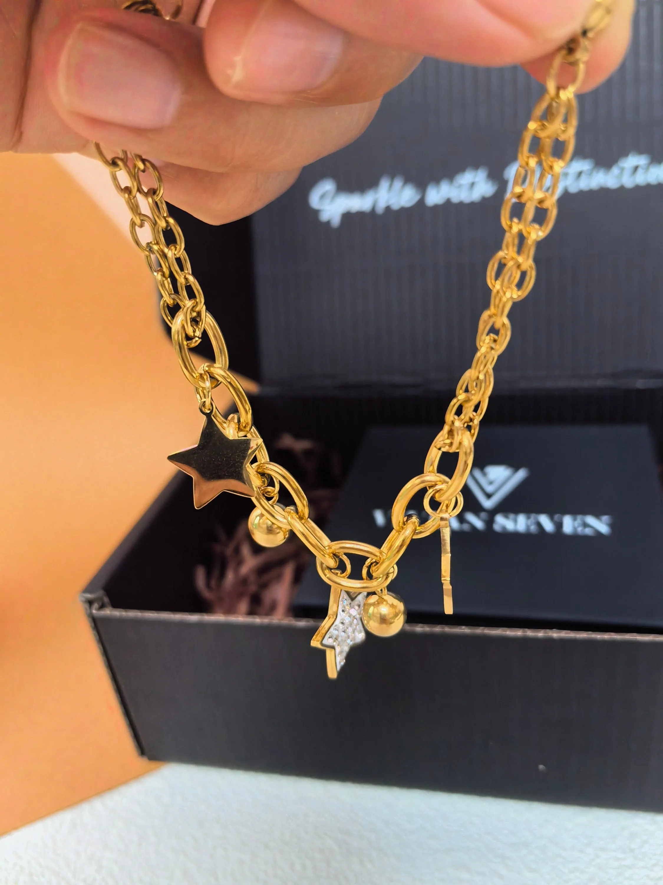 Stainless Steel Goldtone Rhinestone Star Charm Chunky Link Chain Bracelet