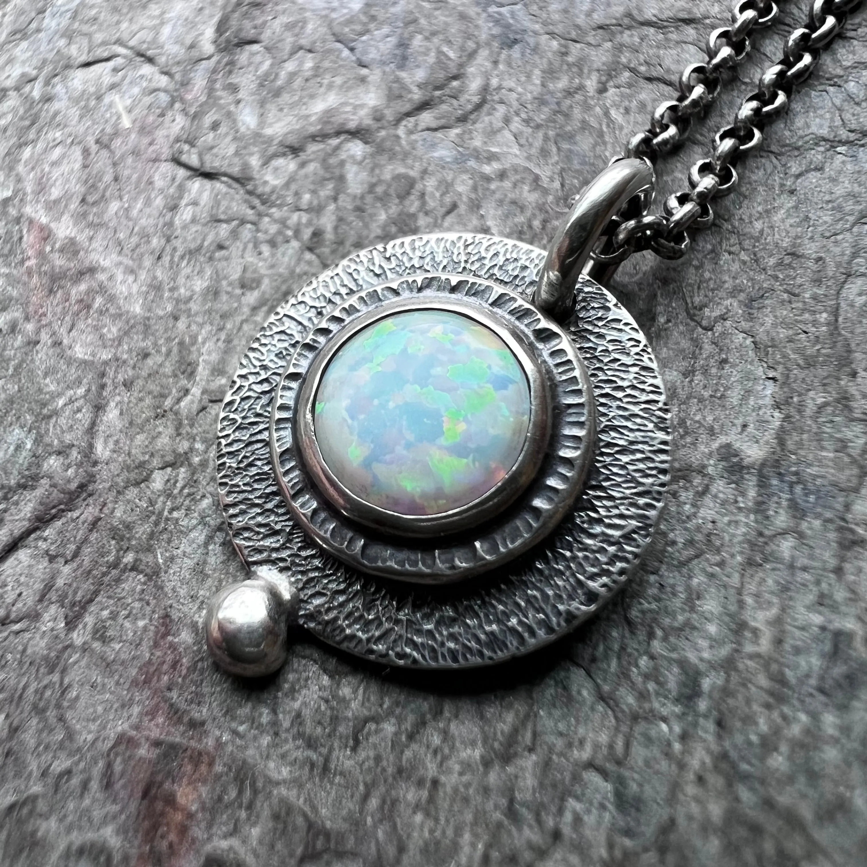 Sterling Silver Opal Necklace - Handmade Simulated Opal Pendant on Sterling Silver Chain