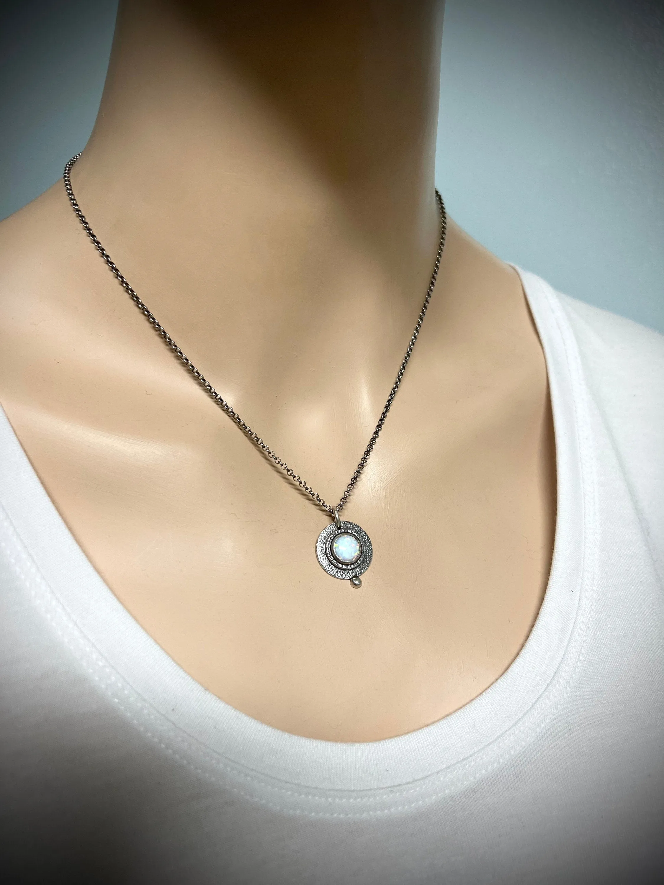 Sterling Silver Opal Necklace - Handmade Simulated Opal Pendant on Sterling Silver Chain