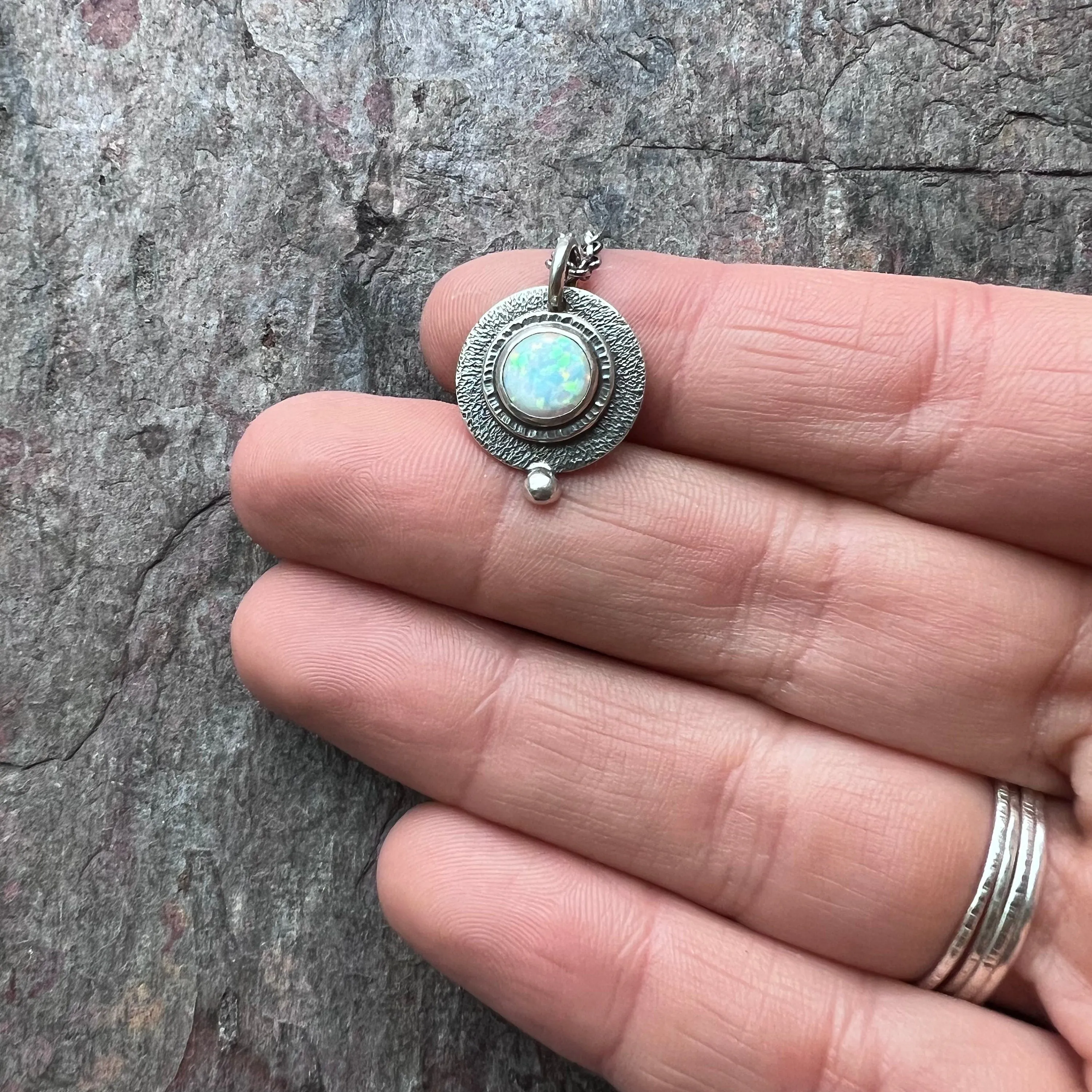 Sterling Silver Opal Necklace - Handmade Simulated Opal Pendant on Sterling Silver Chain